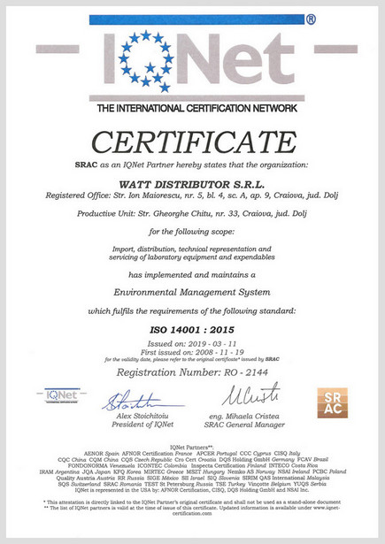 Certificat IQNET ISO 14001:2015